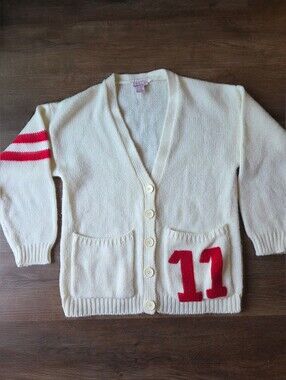 Vintage 60s Mid Century Ivory White Wool Letterman Sweater Cardigan size Medium